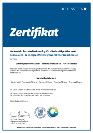 Zertifikat Nachhaltige Wäscherei Hohenstein